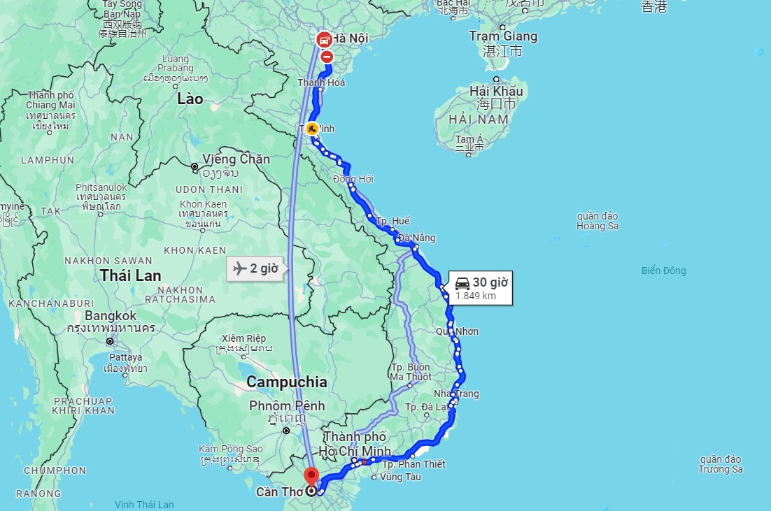 Từ Hà Nội đến Cần Thơ bao nhiêu km?